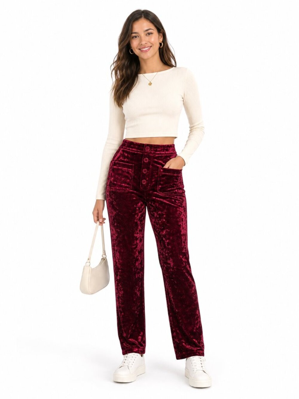 Halara High Waisted Button Pocket Velvet Pants Burgundy Size XS
